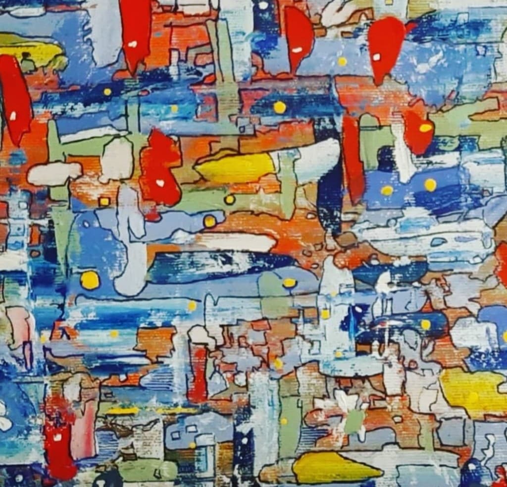 Equilibrium — an abstract oil painting with layered blues, vermilion reds, and bursts of yellow