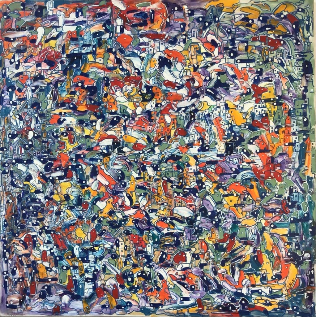 Every Window — a dense acrylic painting of a colourful hillside with countless small forms and windows