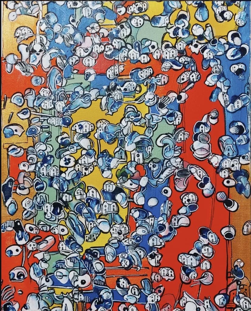 The Path — an abstract acrylic painting with bold colour fields and winding paths of white house-like forms
